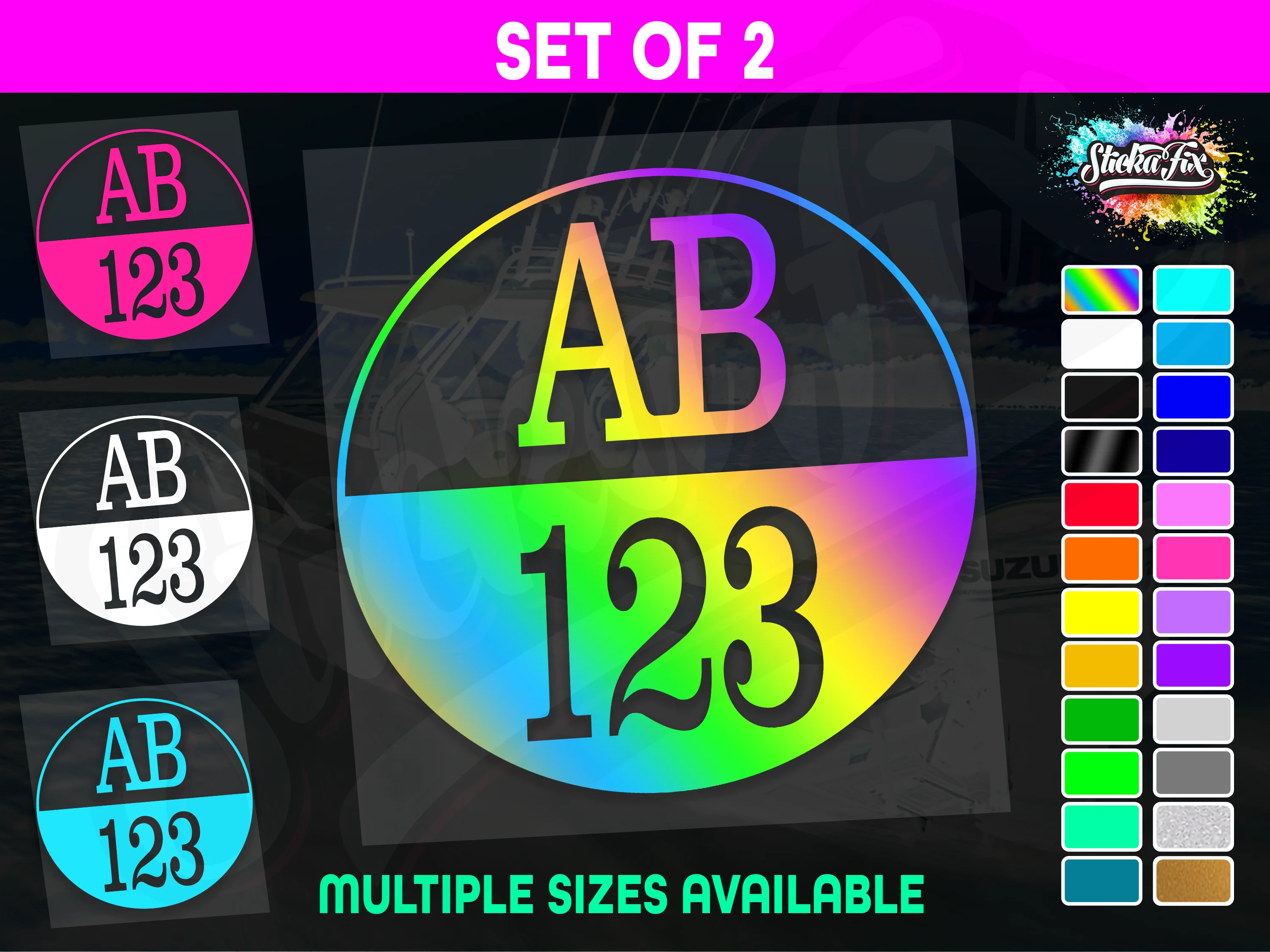 2x Round Custom Boat Rego Sticker Decals Set Vinyl Registration