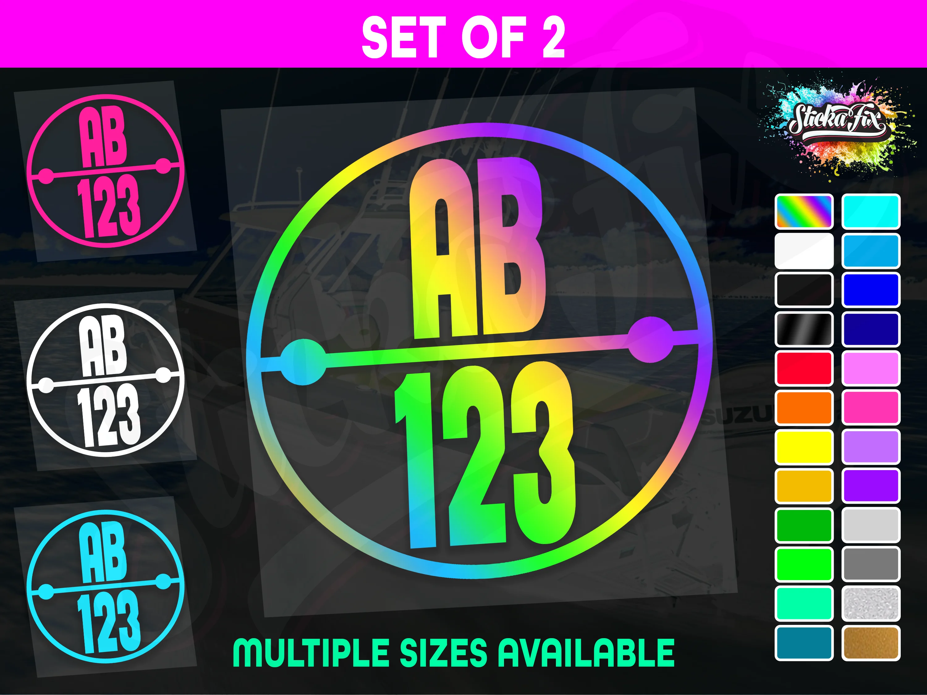 2x Round Custom Boat Rego Sticker Decals Set Vinyl Registration